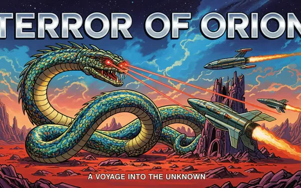 4K Ultra HD PC desktop wallpaper and background: a colossal basilisk with glowing eyes firing laser beams across a red alien landscape while starfighters and a futuristic ship battle near a jagged fortress.