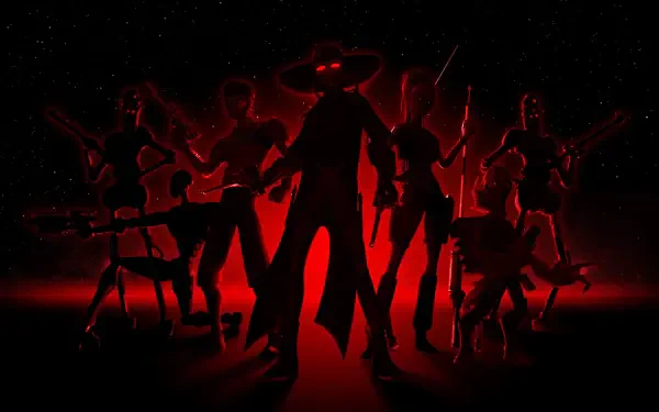 Star Wars: The Clone Wars (2008) HD PC desktop wallpaper and background — red-backlit silhouettes of warriors, droids, and a horned central figure against a starry black sky.
