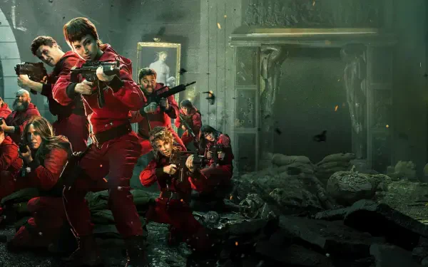 Money Heist HD PC desktop wallpaper/background: red‑suit robbers with guns take cover in a ruined vault, dust and debris swirling under a moody greenish light.