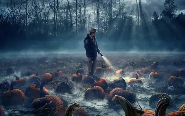 Stranger Things 4K Ultra HD PC desktop wallpaper/background: lone figure with flashlight in a misty pumpkin patch, eerie light rays and gnarled pumpkins.