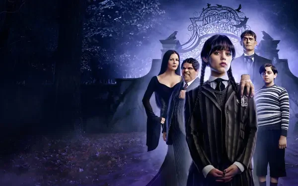 Wednesday-themed 2K Quad HD PC desktop wallpaper: gothic moonlit scene with a brooding girl front and center, family silhouettes and a shadowy mansion in fog.