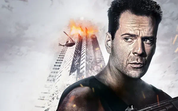 Die Hard 4K Ultra HD PC desktop wallpaper: gritty close-up of a determined man in a tank top holding a gun, a skyscraper ablaze with helicopters and smoke in the background.