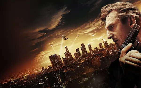 Taken 3 4K Ultra HD PC desktop wallpaper/background — close-up of a determined man holding a gun above a glowing city skyline at dusk, dramatic orange clouds and scattered lights.