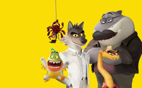 The Bad Guys 2 4K Ultra HD PC desktop wallpaper showing four animated characters on bright yellow: a wolf in a white suit, a large shark-like boss, a grinning snake and a small yellow reptile.