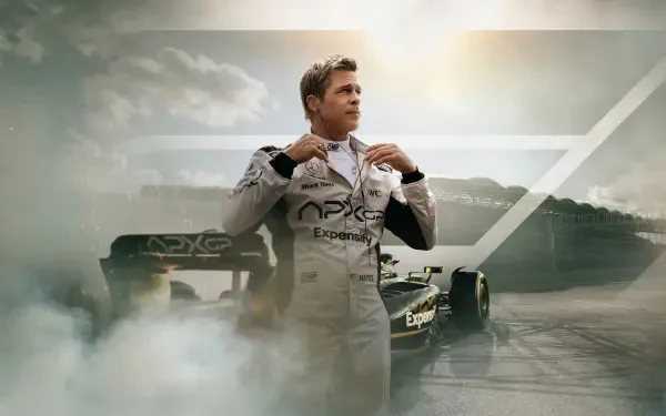 F1 (2025) 4K Ultra HD PC desktop wallpaper/background: race driver in suit adjusting his collar beside a smoke-wreathed Formula 1 car on a dramatic racetrack at sunrise.