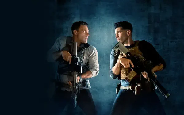 The Accountant 2 2K Quad HD PC desktop wallpaper/background: two armed men back-to-back in moody blue light.