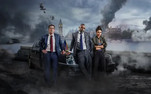 Three stern security figures stand before a black car as helicopters hover over a smoky London skyline with Big Ben — Heads of State 4K Ultra HD PC desktop wallpaper background.
