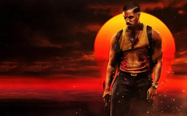 Sinners — 4K Ultra HD PC desktop wallpaper and background: lone armed man in a bloodstained tank top, walking before a blazing red sun and smoky crimson sky.
