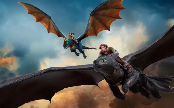 How to Train Your Dragon (2025) 4K Ultra HD PC desktop wallpaper, two riders on dragons—a Night Fury and a winged dragon—soar above glowing clouds at sunset.