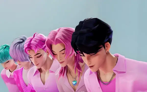 KPop Demon Hunters 4K Ultra HD PC desktop wallpaper and background — five stylized K-pop demon hunters in pastel pink outfits with colorful hair, heads bowed against a pale blue backdrop.