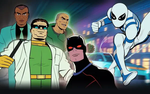 HD PC desktop wallpaper, Your Friendly Neighborhood Spider-Man: white-suited Spider-Man leaps beside a dark-suited hero and three villains against a neon-lit city street.