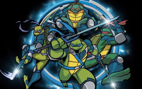 Teenage Mutant Ninja Turtles (2003) HD PC desktop wallpaper/background: the four turtles in action poses with weapons against a glowing blue circular energy backdrop.