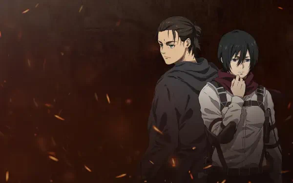 Attack on Titan 4K Ultra HD PC desktop wallpaper and background: two soldiers stand back-to-back amid glowing embers and a dark, moody anime backdrop.