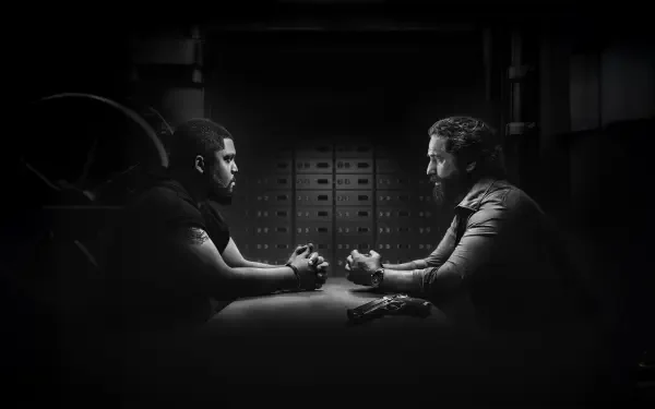 Den of Thieves 2: Pantera — 4K Ultra HD PC desktop wallpaper: black-and-white tense standoff of two men facing each other across a table in a dim vault room.