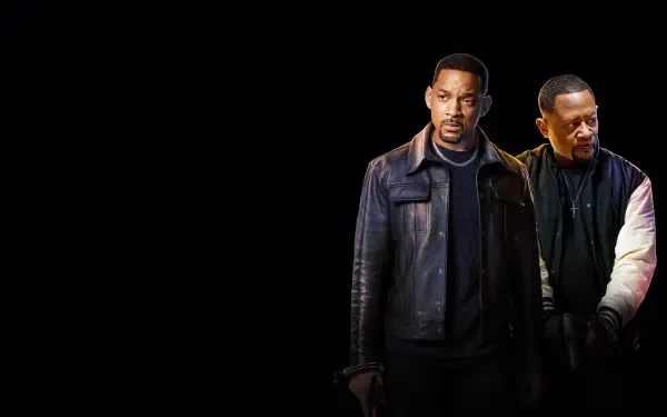 Bad Boys: Ride or Die 4K Ultra HD PC desktop wallpaper: two stoic partners in dark jackets stand at the right against a black background.