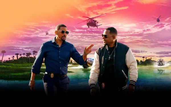 4K Ultra HD PC desktop wallpaper of two detectives strolling by water at a vibrant sunset, helicopters and palm trees in the sky — Bad Boys: Ride or Die.
