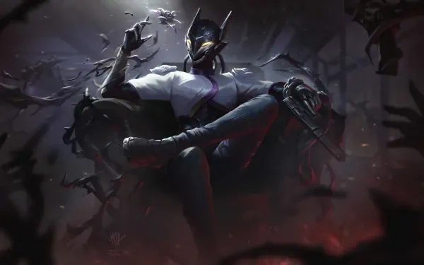 Valorant game character Vyse seated on a dark throne, raven mask and purple accents amid swirling crows — dramatic 4K Ultra HD PC desktop wallpaper and background.