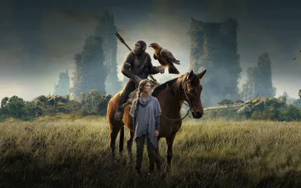 Kingdom of the Planet of the Apes 4K Ultra HD PC desktop wallpaper: ape warrior on horseback with a hawk, a young human by a horse in a grassy field with a ruined city skyline.