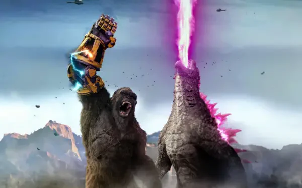 Godzilla x Kong: The New Empire 4K Ultra HD PC wallpaper — Kong roars with armored fist raised while Godzilla fires a bright pink atomic beam across rugged mountains.