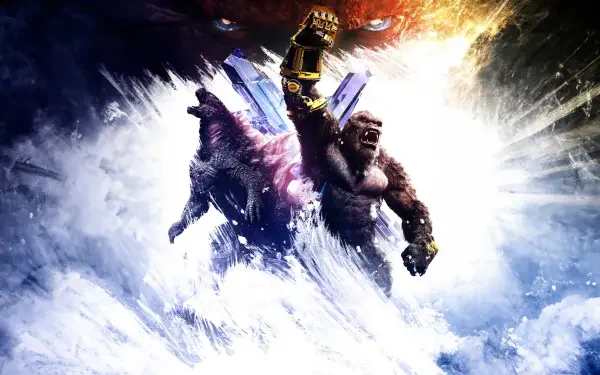4K Ultra HD PC desktop wallpaper of Godzilla x Kong: The New Empire — Kong raises a blazing fist while Godzilla surges from icy, storm-tossed waves in an explosive, high-contrast battle scene.