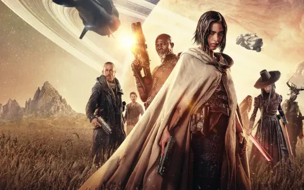 Rebel Moon HD PC desktop wallpaper: cloaked protagonist and ragtag crew armed in a golden alien plain, starships and a ringed planet looming in the sky.