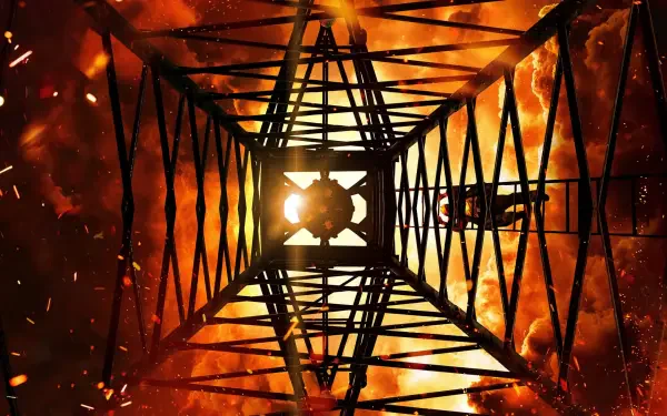 Oppenheimer 4K Ultra HD PC desktop wallpaper showing a steel tower framework seen from below against a fiery orange explosion, with flying sparks and glowing embers.