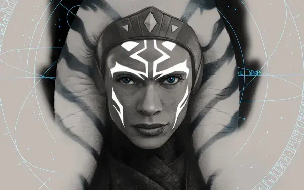 HD PC desktop wallpaper of Ahsoka (2023): close-up portrait of Ahsoka Tano with white facial markings, striped montrals and cyan eyes against a geometric space backdrop.