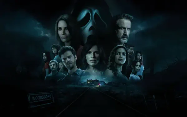 Scream (2022) 4K Ultra HD PC Desktop Wallpaper and Background — moody blue-green collage of multiple characters with a looming Ghostface mask above a dark road leading to a distant lit house.