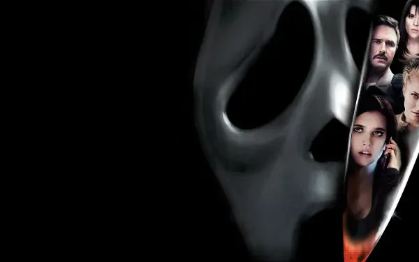 Scream 4 HD PC desktop wallpaper and background: close-up Ghostface mask with cast faces reflected along its edge against a dark backdrop.
