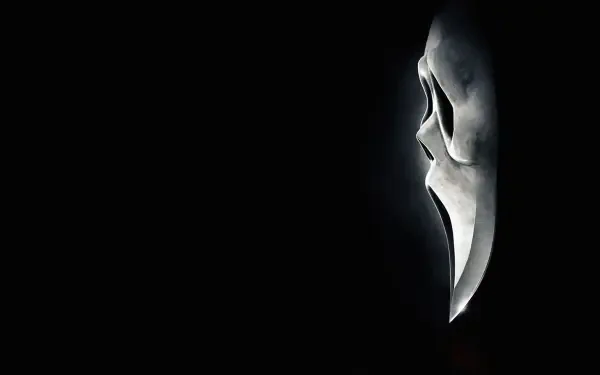 Profile of the Ghostface mask from Scream 4, illuminated against a black void with high-contrast detail — 4K Ultra HD PC desktop wallpaper and background.
