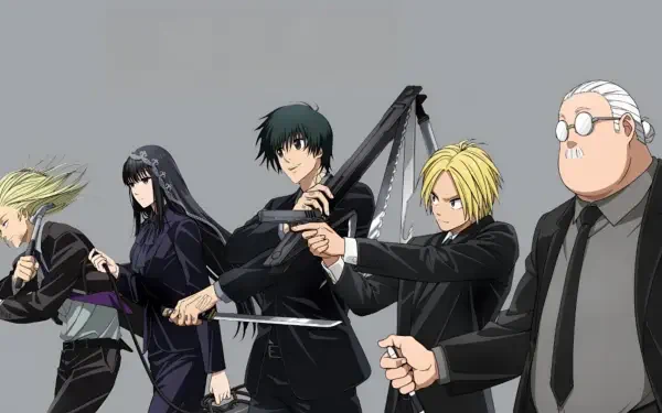 Sakamoto Days 4K Ultra HD PC desktop wallpaper: five main characters in black suits aiming pistols and weapons against a gray background.