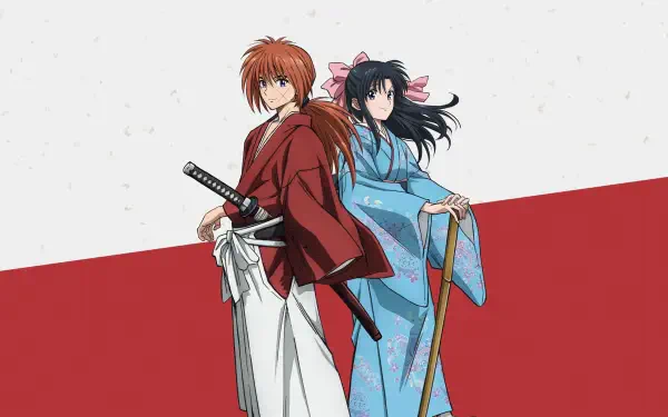 Rurouni Kenshin (2023) 4K Ultra HD PC desktop wallpaper/background: Kenshin in a red kimono and Kaoru in a blue kimono standing back-to-back, sword and cane against a red-and-white minimalist backdrop.