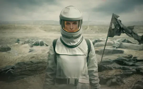 Silo 4K Ultra HD PC desktop wallpaper: lone figure in a white protective suit and helmet stands on a barren, foggy wasteland beside a tattered flag.