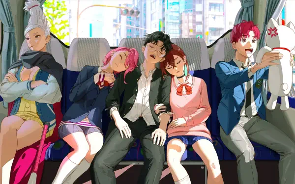 Dandadan 4K Ultra HD PC desktop wallpaper/background — five anime friends ride a sunlit train: three sleep against a central teen, a silver-haired passenger and red-haired friend at the ends.