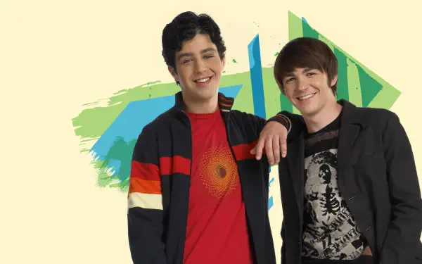 Two smiling young men pose against colorful geometric brushstrokes on a beige backdrop — 4K Ultra HD PC desktop wallpaper.