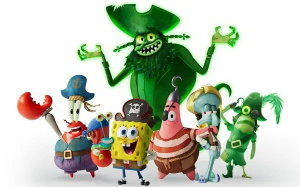 SpongeBob SquarePants and his pirate crew (Patrick, Squidward, Mr. Krabs, Plankton) in green-tinted pirate costumes posed on white — 4K Ultra HD PC desktop wallpaper/background.