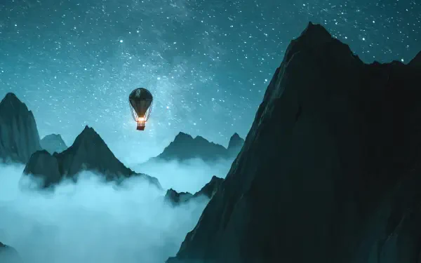 4K Ultra HD digital painting of a blue-toned hot air balloon drifting above fog-filled mountain peaks under a starry sky — PC desktop wallpaper.