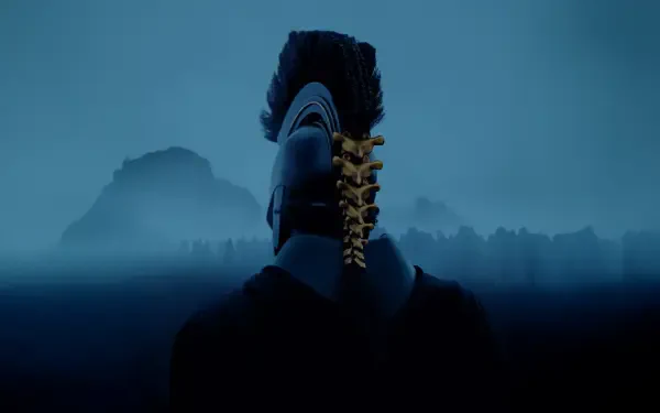 8K Ultra HD PC desktop wallpaper: Agamemnon from the movie The Odyssey (2026), seen from behind in a crested helmet with gold spine detail against a misty blue sea and distant islets.