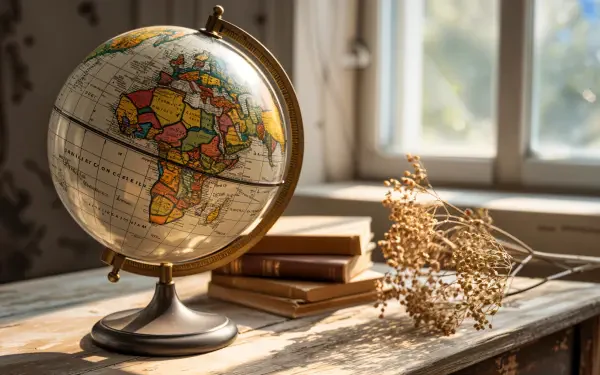 Vintage globe on a wooden table with stacked books and dried flowers by a sunlit window — 4K Ultra HD PC desktop wallpaper/background.