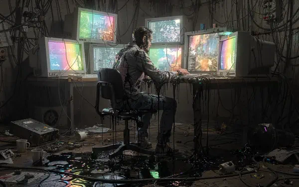 4K Ultra HD PC Desktop Wallpaper and Background — lone figure at a cluttered desk, surrounded by colorful, glitching monitors in a dark, cable-strewn, cyberpunk-style room.