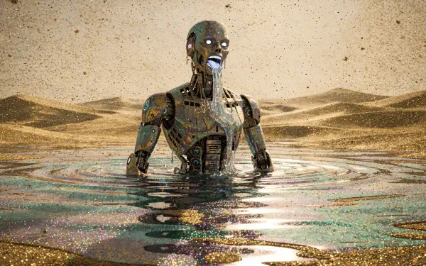 Sci-Fi robot with glowing eyes rising from a shimmering desert pool, metallic body reflecting heat and light — 4K Ultra HD PC desktop wallpaper background.