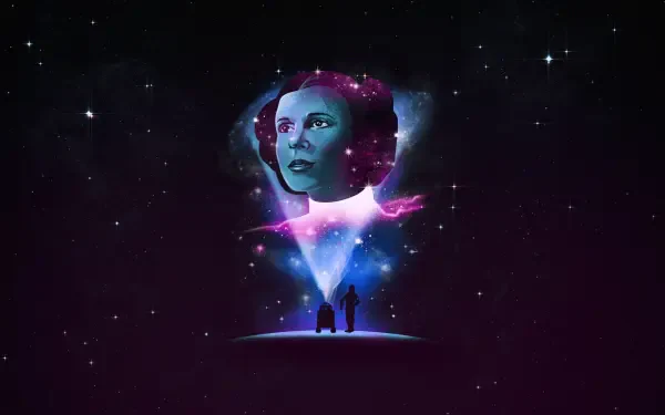 HD PC desktop wallpaper: Star Wars movie image of Princess Leia Organa as a galaxy-lit portrait over a cosmic horizon with two silhouetted figures.