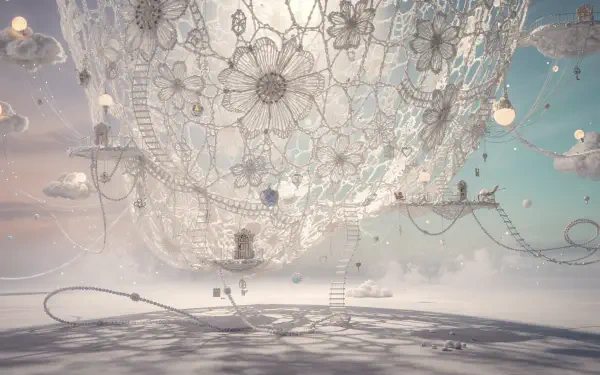 4K Ultra HD PC Desktop Wallpaper and Background: surreal crochet lace globe with floral motifs, tiny ladders and chairs drifting among pastel clouds.
