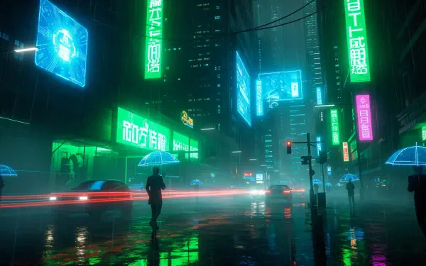 Rain-soaked cyberpunk street at night with neon billboards, glowing signs and silhouetted figures reflected on wet pavement — 4K Ultra HD PC Desktop Wallpaper and Background.