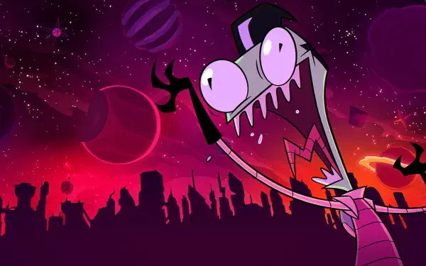 HD PC desktop wallpaper/background of Invader Zim (TV show): Zim's manic grin and outstretched arms against a purple-red alien sky with planets and a silhouetted city skyline.