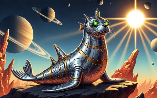 4K Ultra HD PC desktop wallpaper: metallic robotic seal with glowing green eyes perched on an alien rock, rings, planets and a bright sunburst in a vivid sci-fi space landscape.