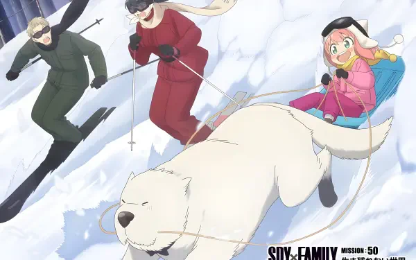 4K Ultra HD anime PC wallpaper: Spy x Family scene of Anya Forger in pink sledding with white dog Bond as two figures ski down a snowy slope.