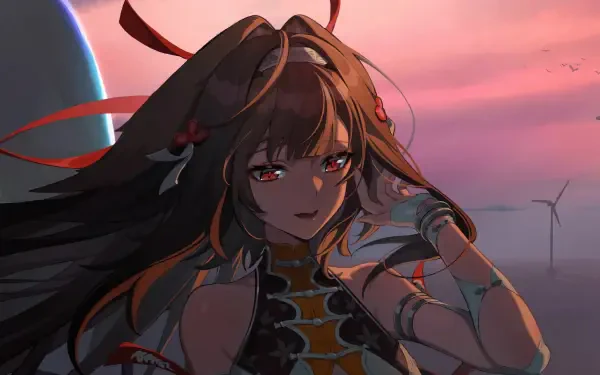 HD PC wallpaper of Ye Shunguang from the video game Zenless Zone Zero: anime girl with long dark hair and red eyes, ornate outfit, sunset sky and distant wind turbines.