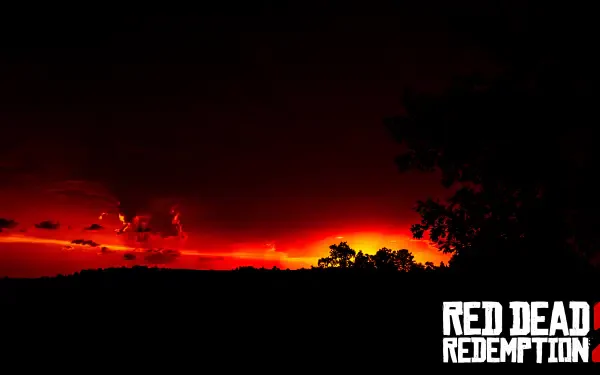 4K Ultra HD PC desktop wallpaper of the video game Red Dead Redemption 2: shadowy silhouettes of trees and horizon against a burning red sunset, game logo in the corner.
