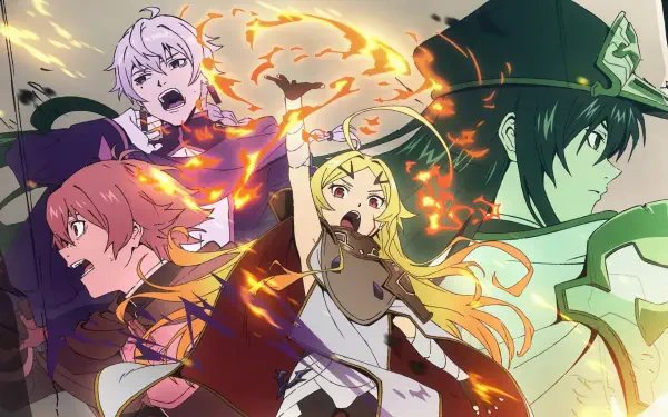 HD PC desktop wallpaper of anime Sentenced to Be a Hero featuring Teoritta and three companions amid swirling flames and magic, dynamic poses and intense expressions.
